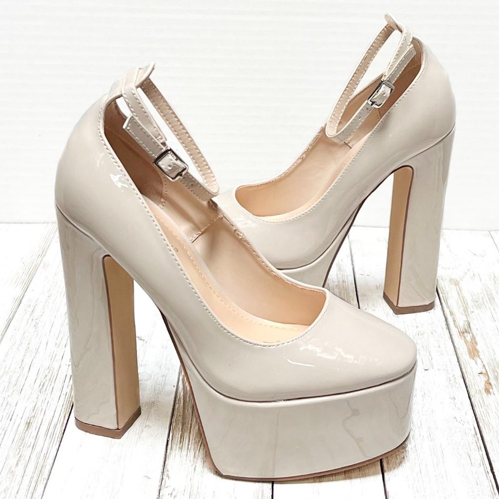 New Ivory Beige Mary Jane Platform Chunky Heel Pumps